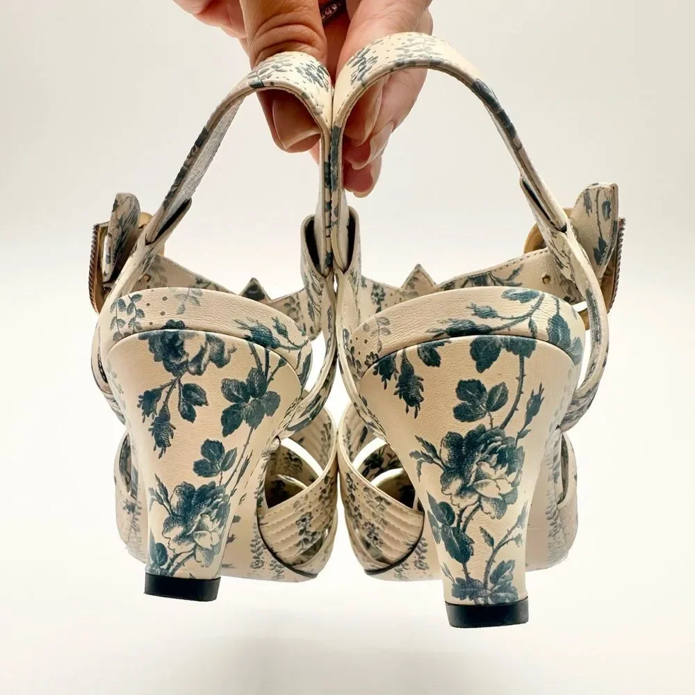 Gucci Gea GG Mid Heel Buds/Floral Blue Leather T-Strap  Sandal Pump EU37.5 US7.5 - Picture 8 of 13